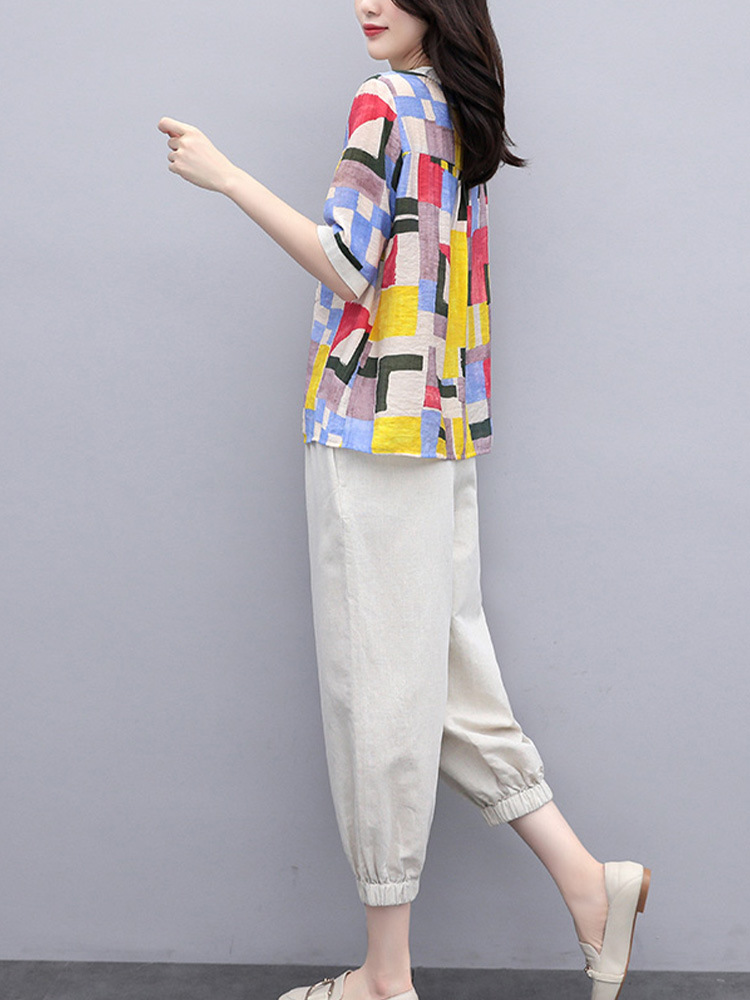 灯笼裤休闲套装女2021夏季新款花色上衣减龄妈妈装哈伦裤两件套