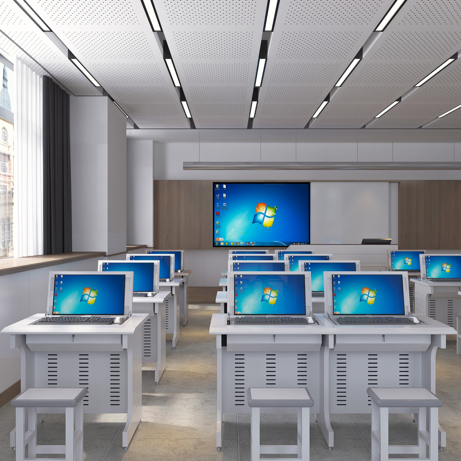 翻转电脑桌隐藏式多媒体电教室机房部队培训桌单人双人三人