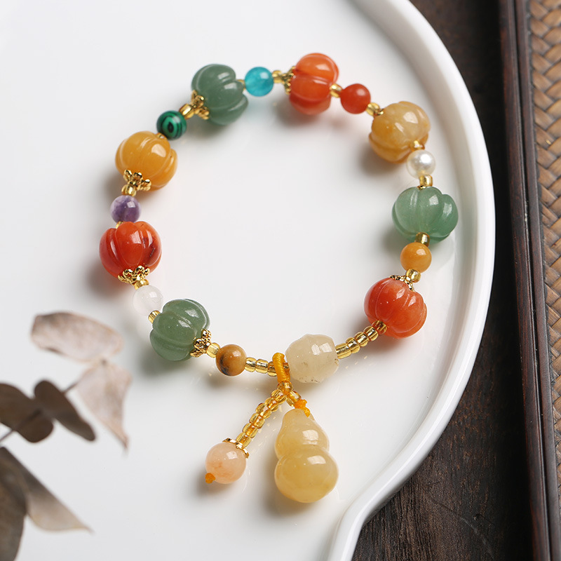 Qiyi Natural Xinjiang Jinsi Jade Bracelet Couple Ethnic Style Pumpkin Beads Bamboo Hanging Gourd Topaz Bracelet