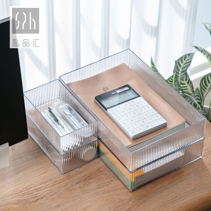 Desktop Striped Storage Box Transparent File Book Organizing Box Drawer Sundries Storage Basket Cosmetics Storage Basket