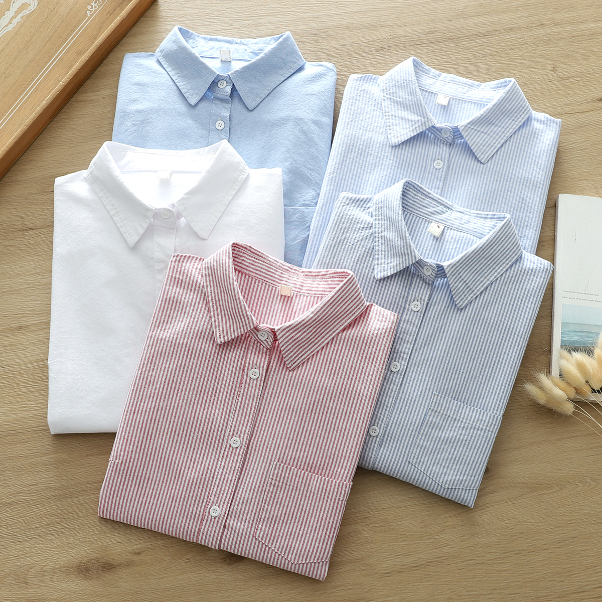 纯棉牛津纺条纹衬衫女长袖外贸出口日单高货文艺小清新打底衫上衣