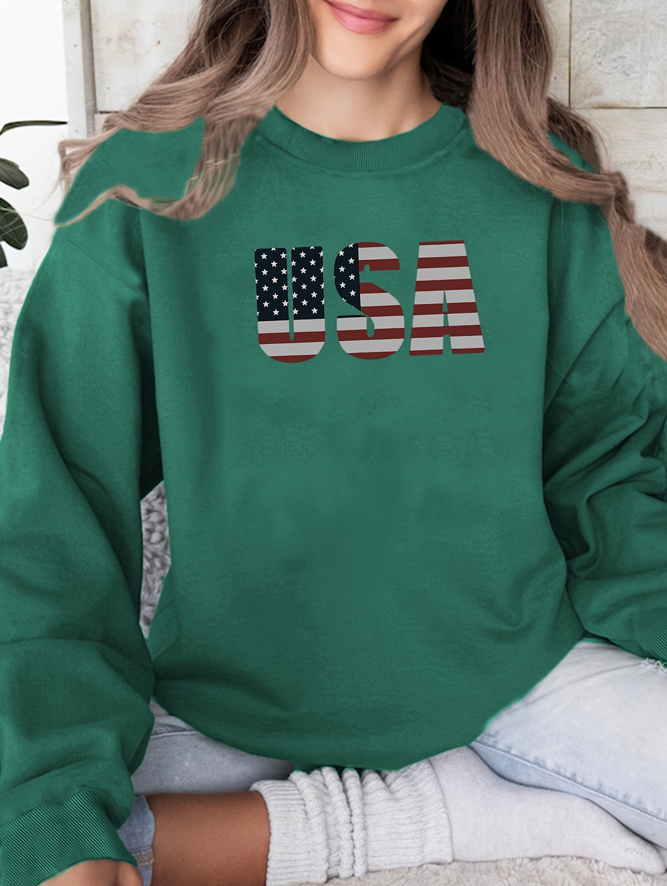 欧美跨境新款秋冬季女士usa字母印花时尚圆领休闲百搭个性卫衣