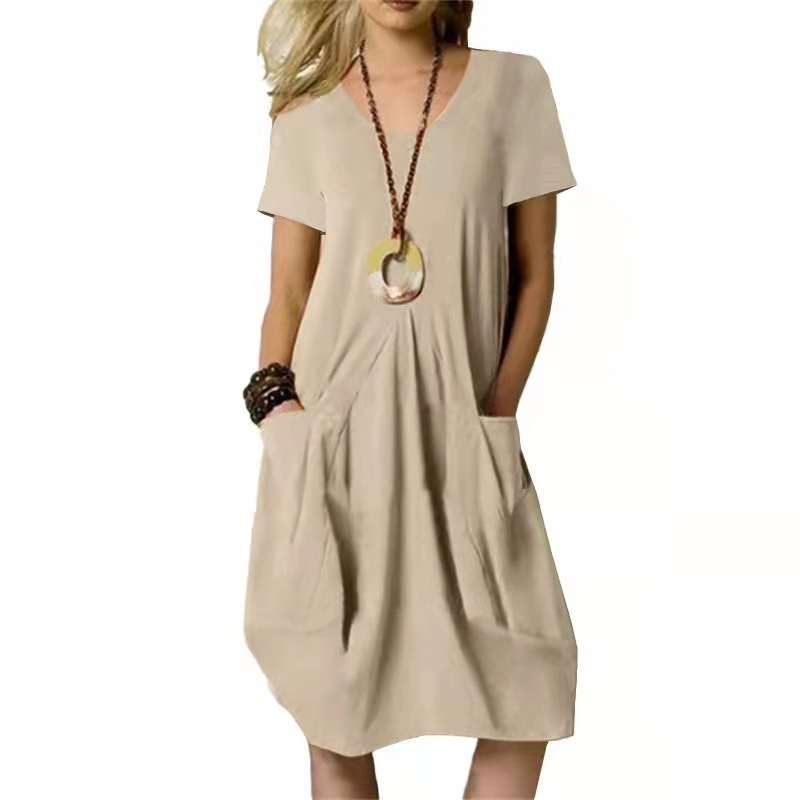 2023 Cross-Border Summer New Amazon Wish Hot Sale Cotton Linen Solid Color Loose round Neck Short Sleeve Dress