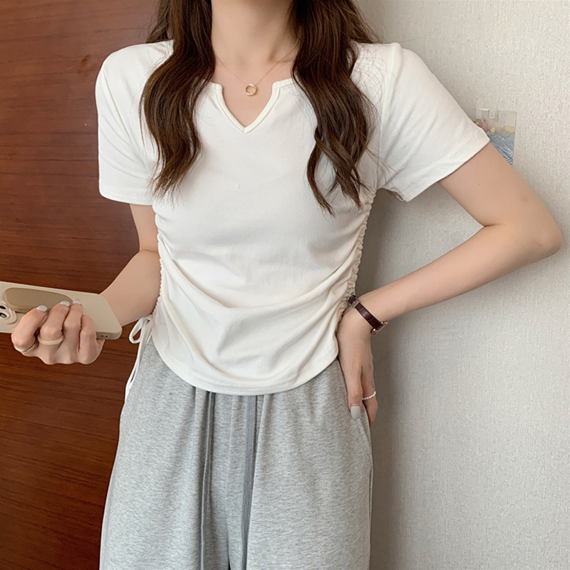 2022年新款设计感小众v领抽绳修身短袖t恤女装夏季白色打底衫上衣