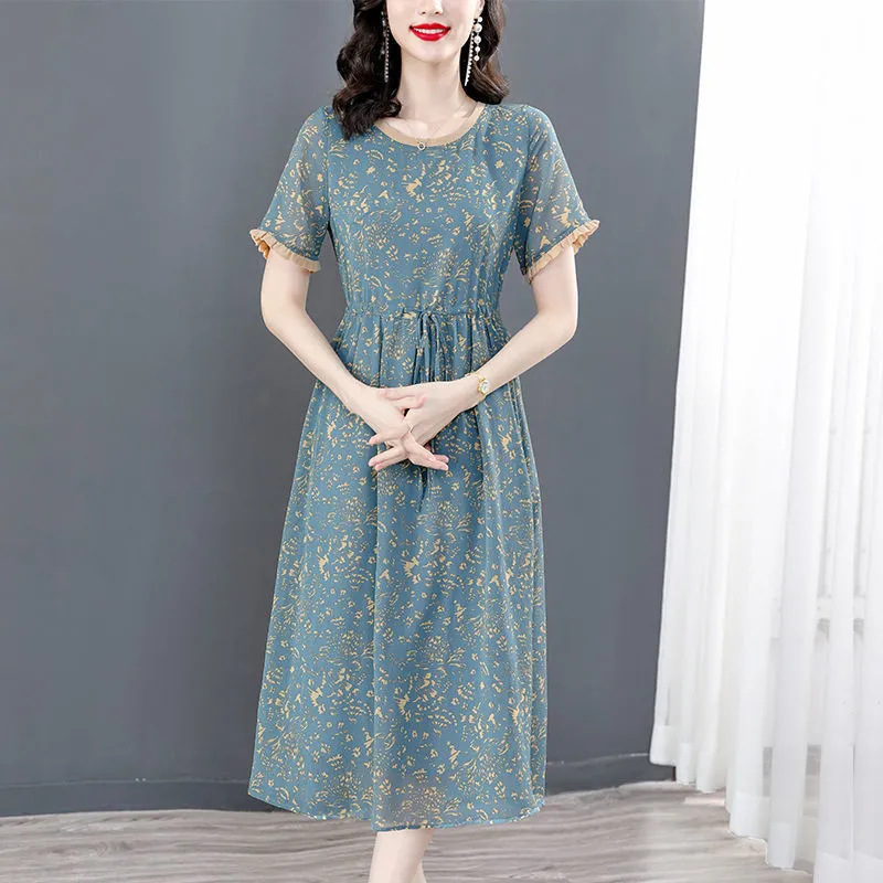 Mother's Light Luxury Dress plus Size Lace up Waist-Tight Temperament Slimming Youthful-Looking Printed Overknee Skirt 2023 Summer New