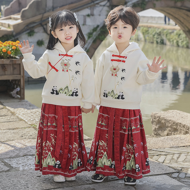 Children's Winter Horse-Face Skirt Suit Red New Year Clothes Fleece-lined Thickened Tang Suit Girls New Year's Day Chinese Style Han Costume