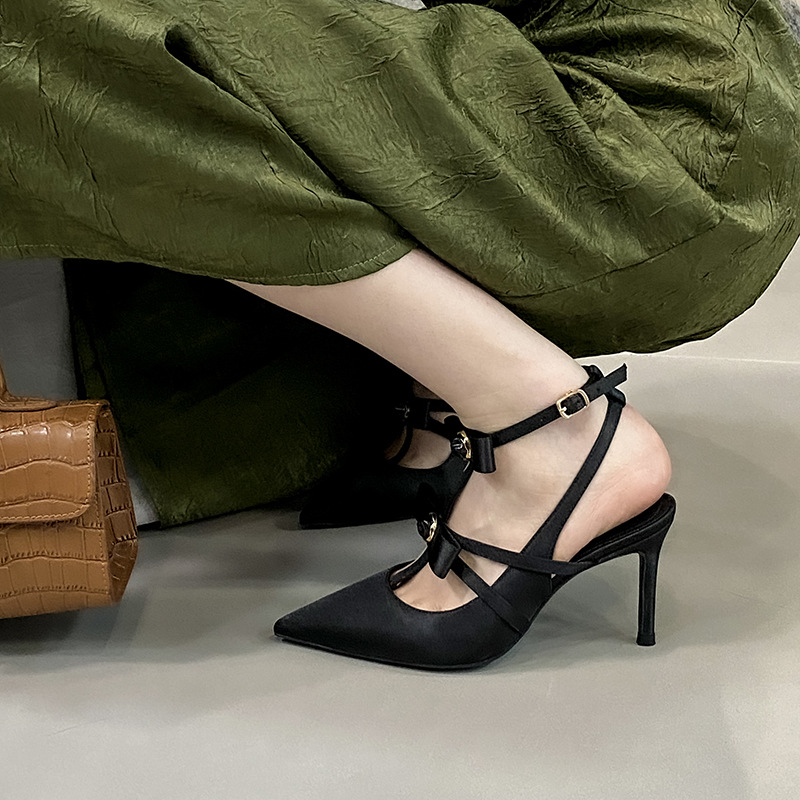 heels2024惠州新款春夏季法式包头绝美黑色高级感细跟高跟凉鞋女
