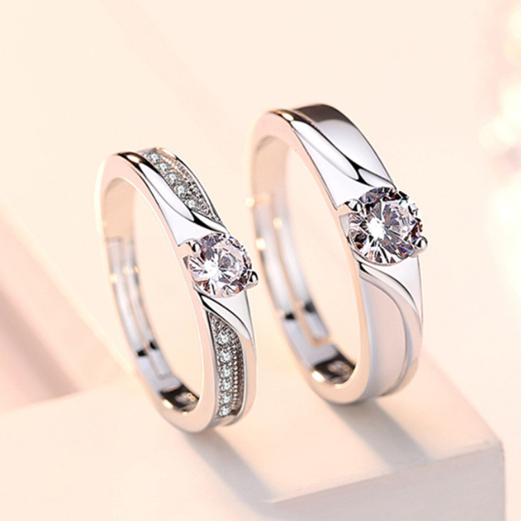 纯银s925情侣对戒时尚开口男女求婚戒指微镶锆石生日情人节日礼物