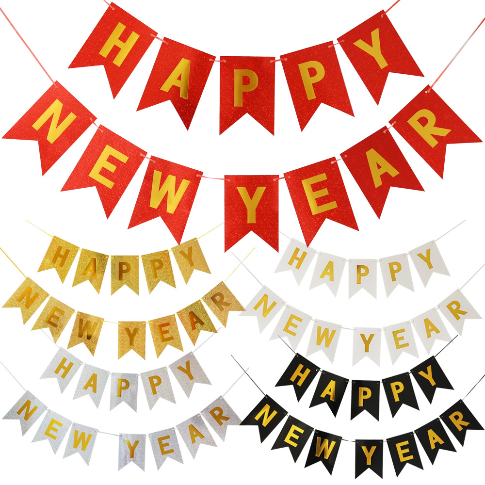 happynewyear新年快乐拉旗燕尾旗横幅大写字母烫金节日拉花