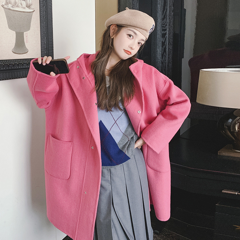 批发元气减龄连帽呢外套金属暗扣设计甜酷少女感中长玫粉色大衣女
