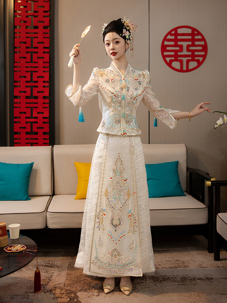 香槟色高定秀禾服 新娘2024新款浅色出阁服结婚中式婚服女龙凤褂