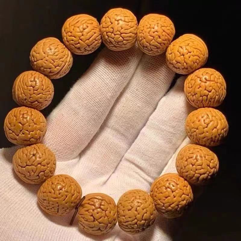 精品秦岭野生脑纹桃核手串原籽小柳叶脐正圆佛珠文玩桃木手链男