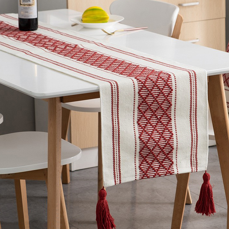 Cross-Border Jacquard Cotton and Linen Table Runner Tablecloth Dining Table Cushion Handmade Tassel Bed Runner Coffee Table Cabinet Cover Towel Tea Towel New