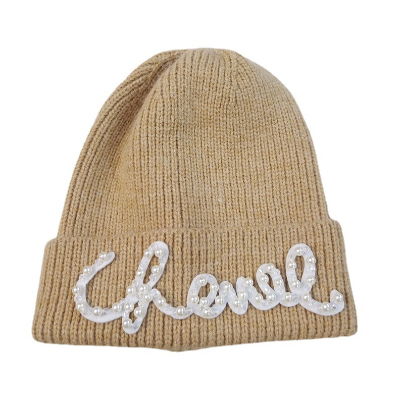 Temperament Classic Style Pearl Letters Woolen Cap Internet Celebrity Same Style Knitted Hat Fashion Thickened Warm Hat All-Matching Sleeve Cap