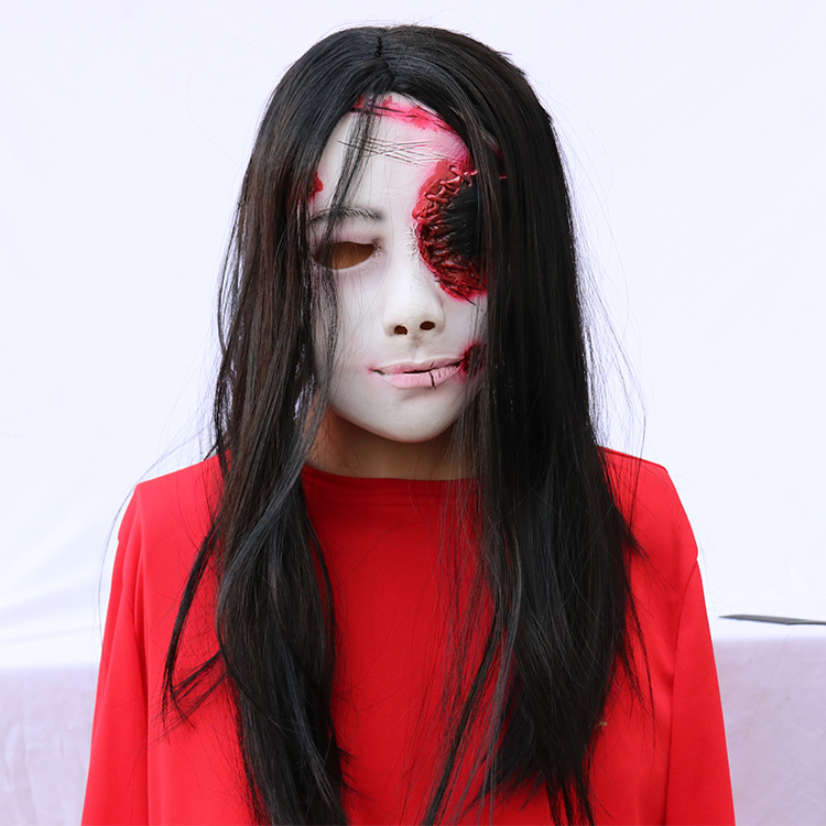 红衣女鬼面具鬼屋道具万圣节气氛道具节日整蛊吓人乳胶面具工厂