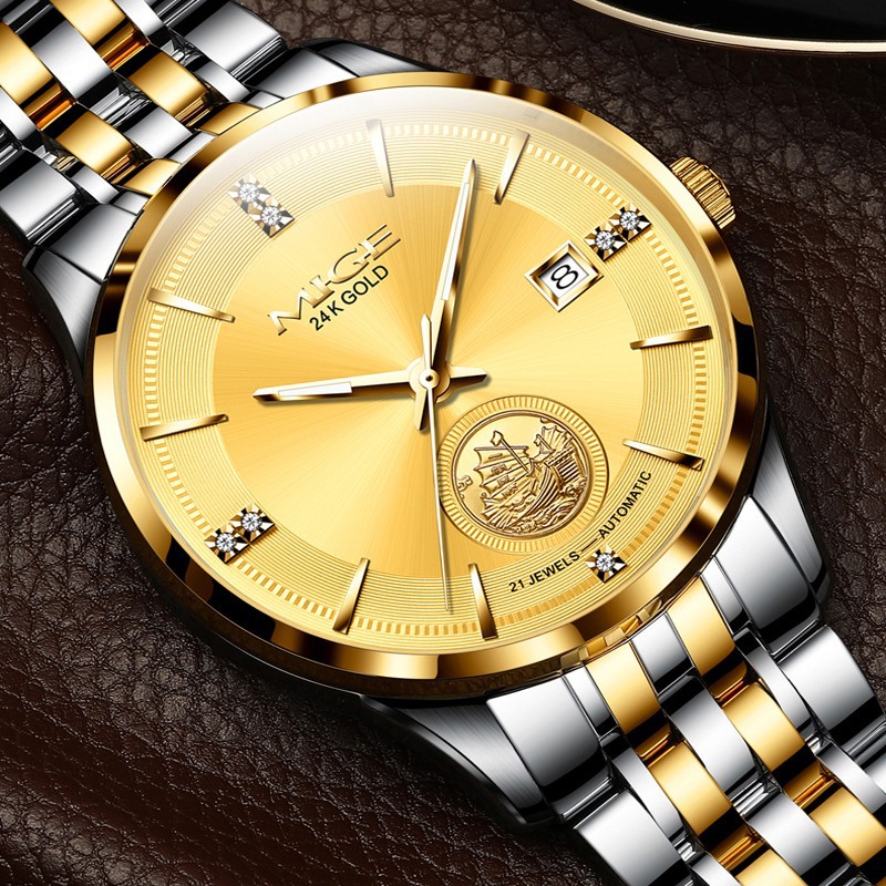 米格正品手表男机械表24k金表男士全自动机械表镂空防水帆船9109