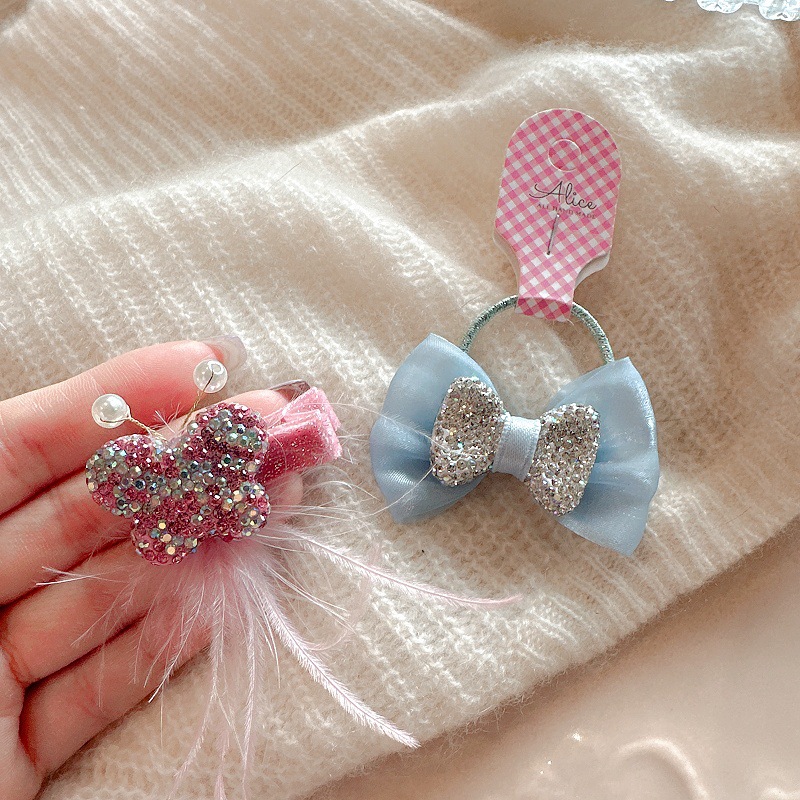 蓝色蝴蝶结满钻发圈儿童发饰皮筋韩版小仙女羽毛蝴蝶发夹女孩头饰