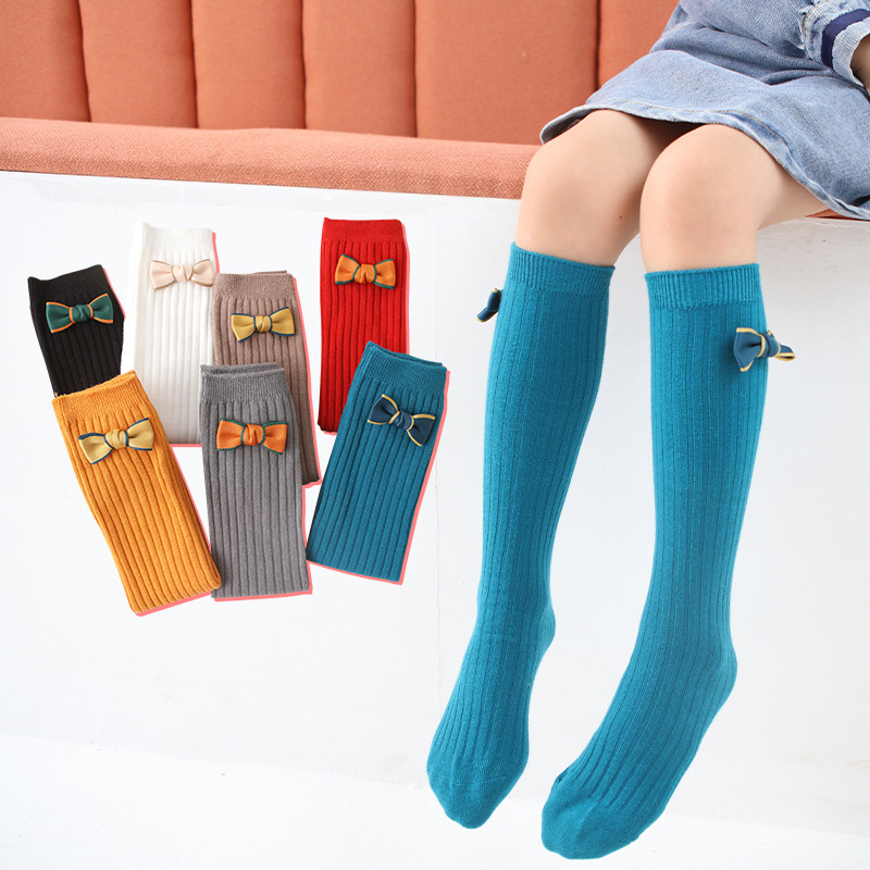 新款2022春季女童侧边蝴蝶结堆堆袜糖果色红色竖条袜子儿童中筒袜
