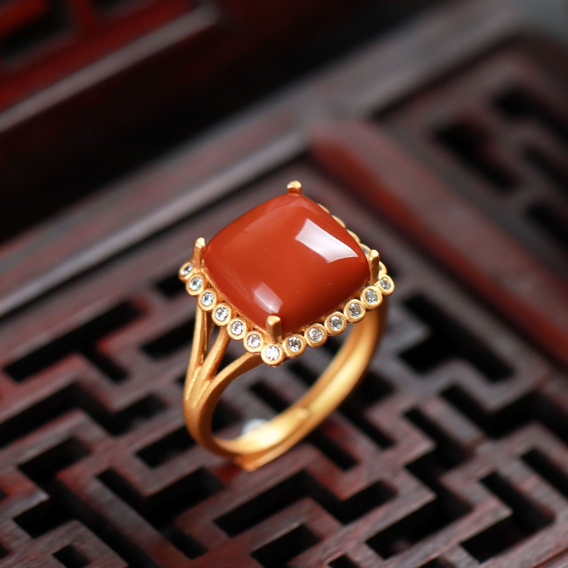 s925纯银镀金方形面包戒指天然南红玛瑙戒指时尚气质复古女