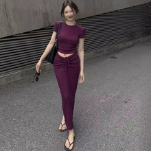 RHGD实拍夏季新品辣妹纯欲露脐紫色短袖T恤+气质包臀裙时尚套装女