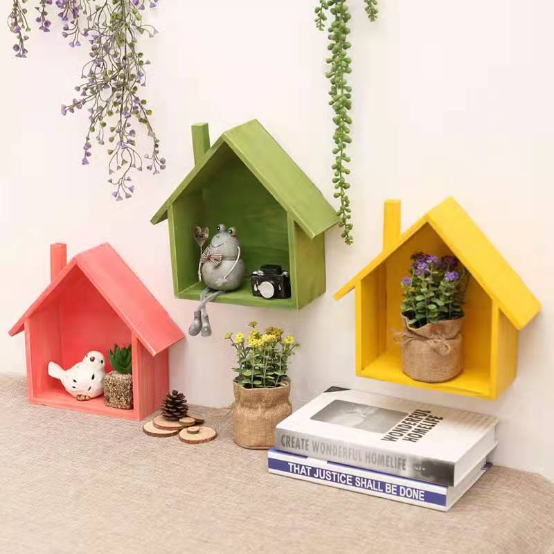 Colorful Small House Wooden Shelf Children's Room Kindergarten Wall Fashion Decorative Shelf Partition Flower Rack Wall Hanging