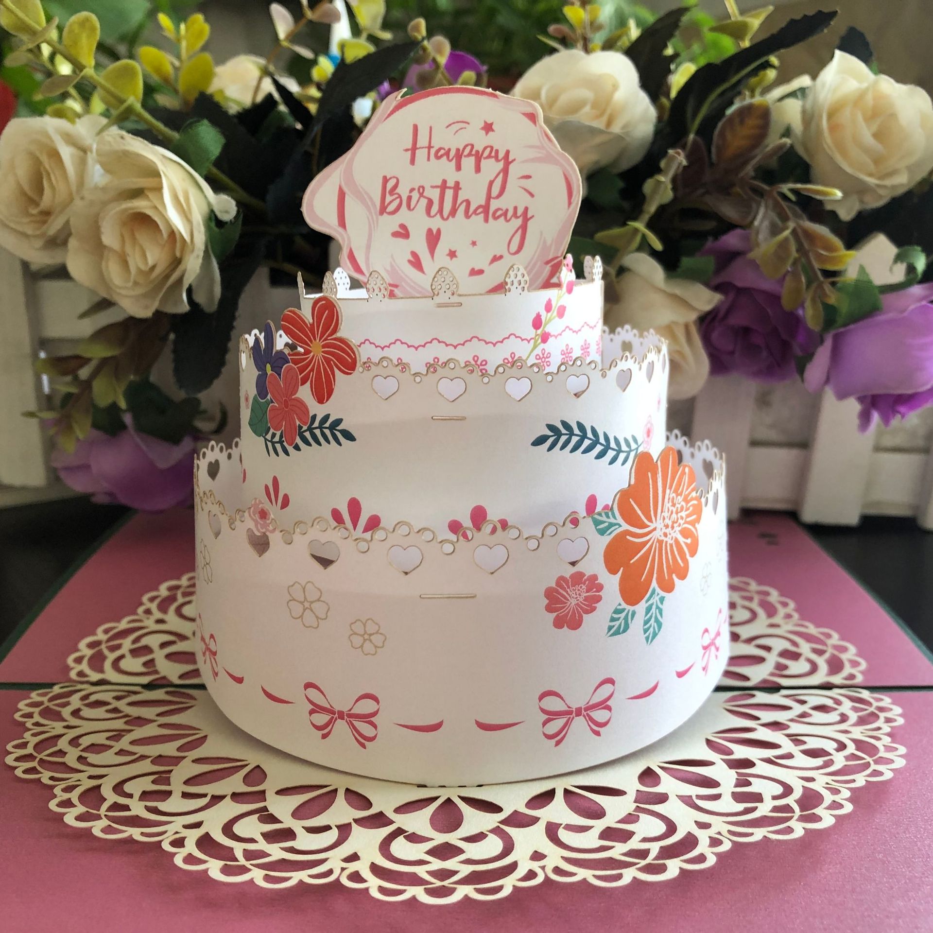 厂家批发彩色绚丽蛋糕立体贺卡双层蛋糕生日卡片激光切割礼物