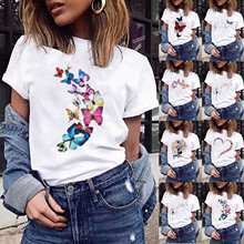 速卖通亚马逊2021夏季女装新品飞舞蝴蝶图案女士莫代尔套头短T恤