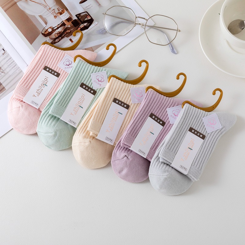 socks women‘s double needle long tube medium thick autumn and winter inside and outside cotton solid color women‘s socks in stock batch supermarket stall cotton socks
