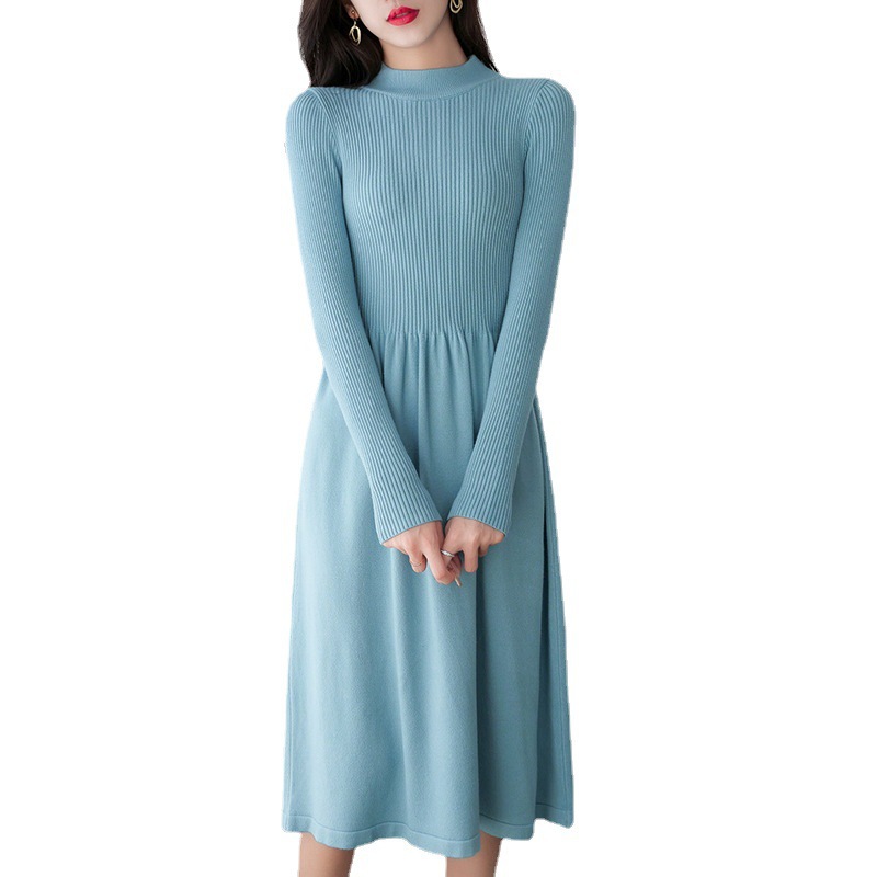 Spring and Autumn Fashionable Half Turtleneck Knitted Dress Women's Elegant Tight Waist Mid-Length Sweater Dress Outer Wear Bottoming Skirt