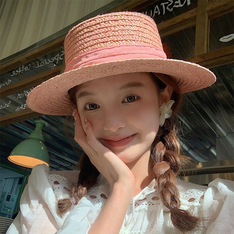 粉色平顶草帽女夏海边度假遮阳帽子甜美可爱宽帽檐草编礼帽太阳帽