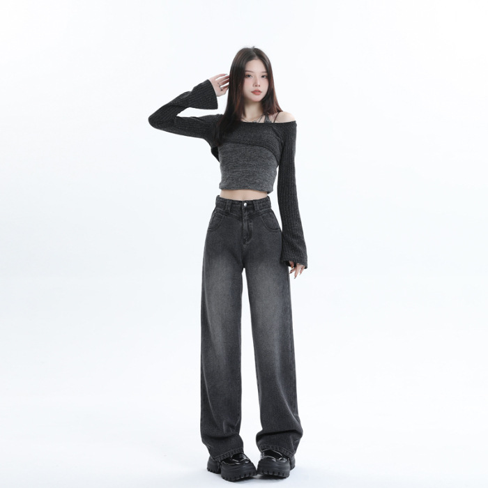 2024 Spring New Featured Wheat Starry Sky Pattern Fabric Wide Leg Jeans Women's Slimming Drooping Straight Mop Pants