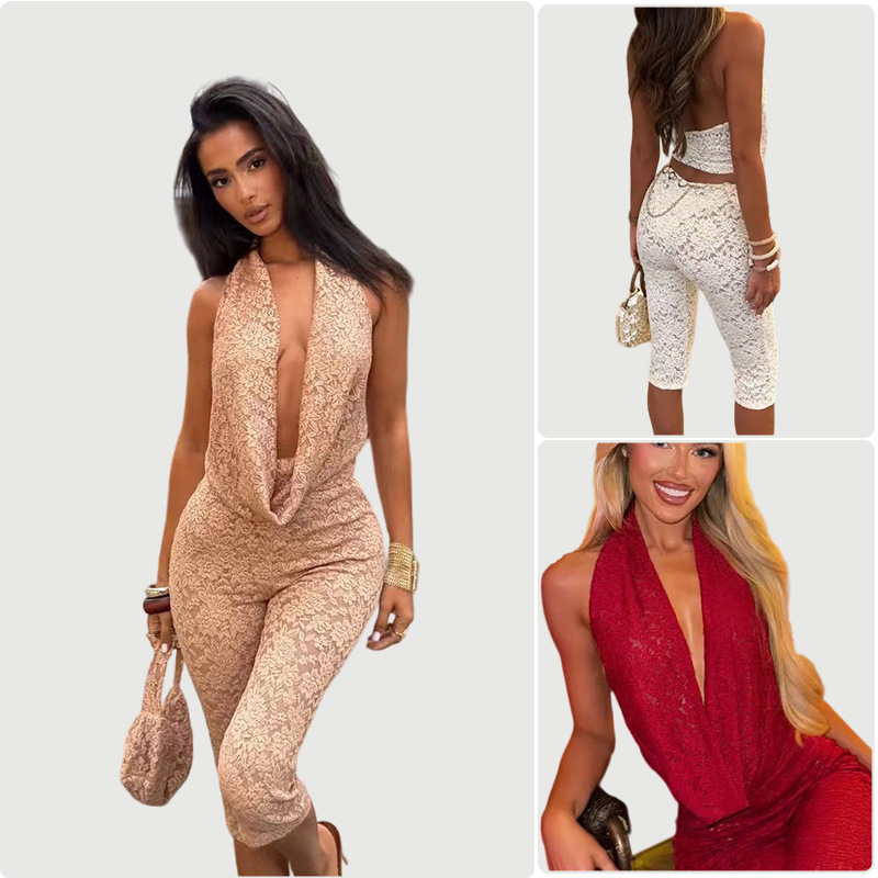 新款2025跨境蕾丝镂空修身垂性热辣性感挂脖深V紧身女士连体裤