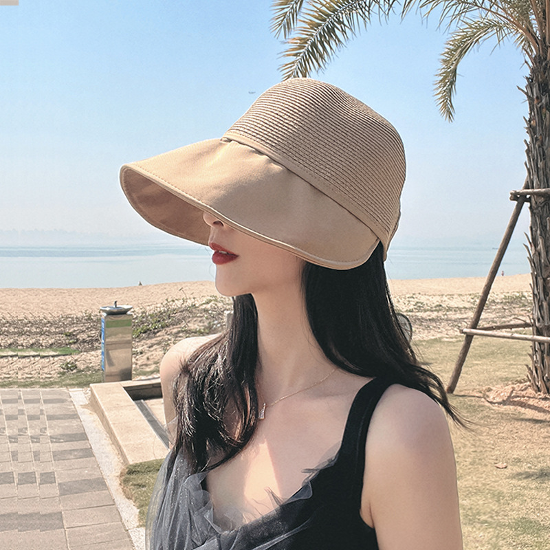 Straw Knitted Peaked Cap Topless Hat Women's Beach Sun Protection Sun-Proof Uv-Proof Sun Hat Straw Hat Summer Face-Covering Women's