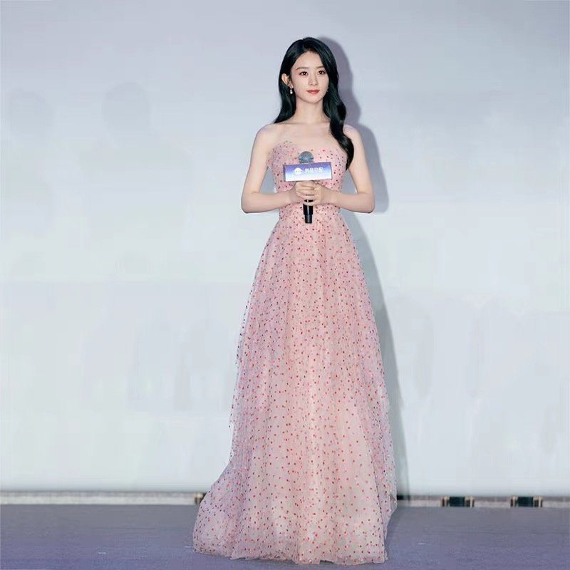 22赵丽颖同款梦幻仙气公主风裹胸吊带网纱碎花刺绣大摆伴娘连衣裙