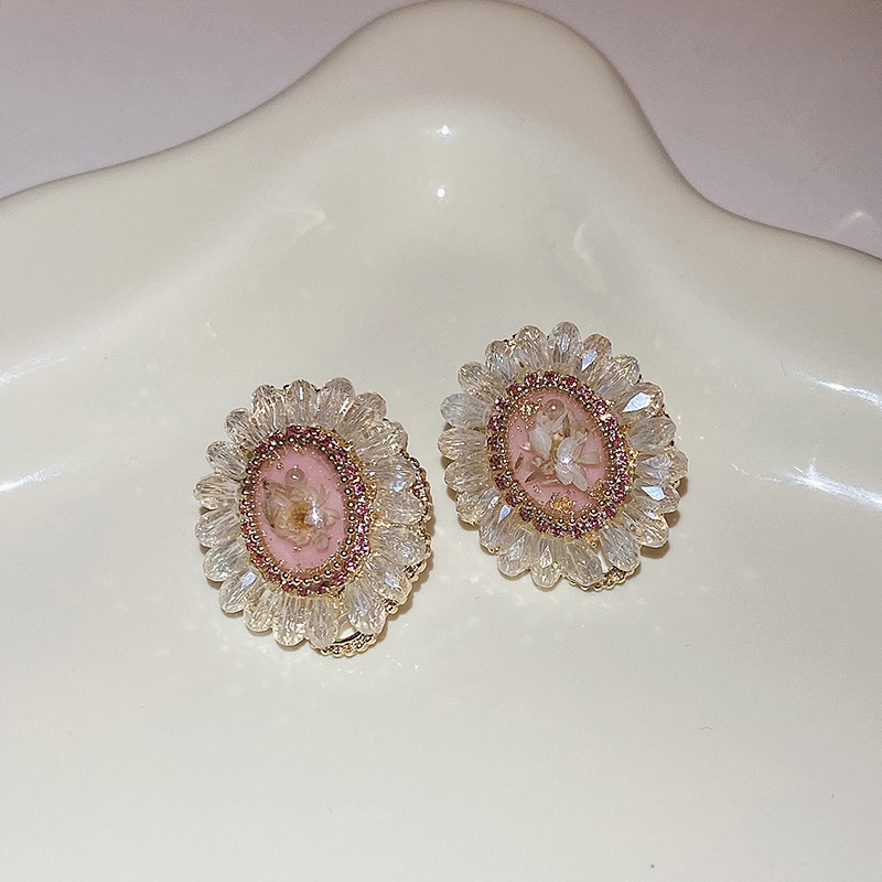 Silver Needle Fashion Pink Sweet Flowers Diamond Crystal Tassel Earrings Female Temperament Ear Studs Freshess Earrings Wholesale