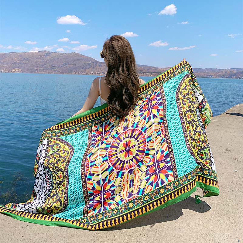 Summer Cotton and Linen Feel Scarf Travel Scarf Sun Protection Air-Conditioner Talma Women's Beach Scarf Ethnic Style Scarf