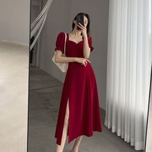 FT GUOGE红色连衣裙女2024年夏季新款法式复古方领泡泡袖开叉长裙