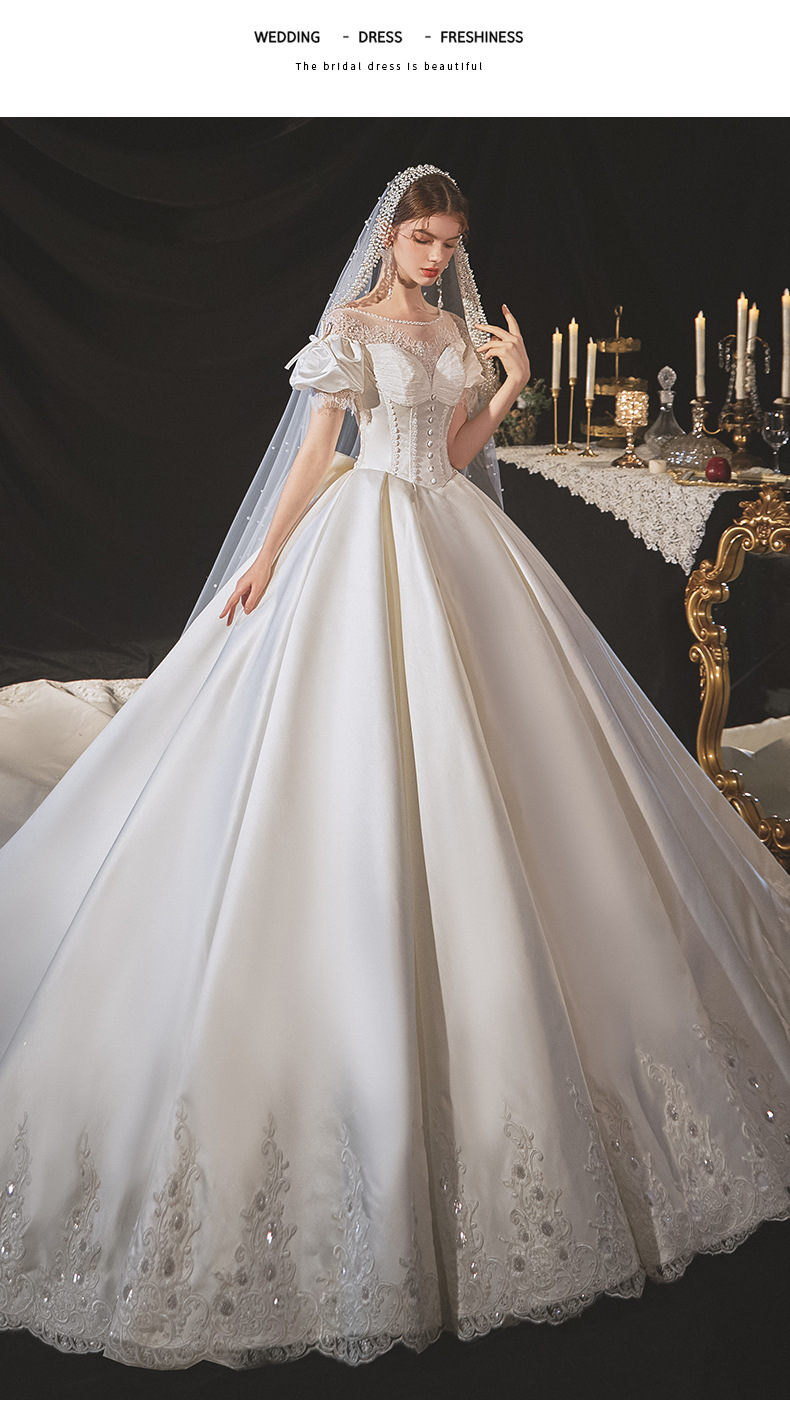 跨境婚纱礼服2022新款新娘欧美简约缎面复古宫廷风气质梦幻大拖尾