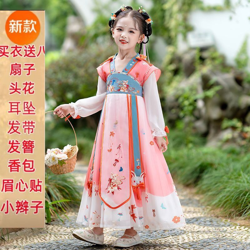 连衣裙新款仙女小学生汉服10岁童装网红夏季绿色伴侣女童汉服古装新