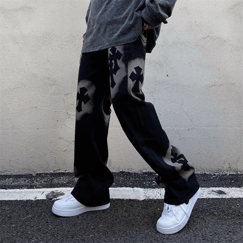 Hong Kong Style Autumn Street Pants Design Men's Ins Retro Alphabet Straight Jeans Hip Hop Loose Wide Leg Pants
