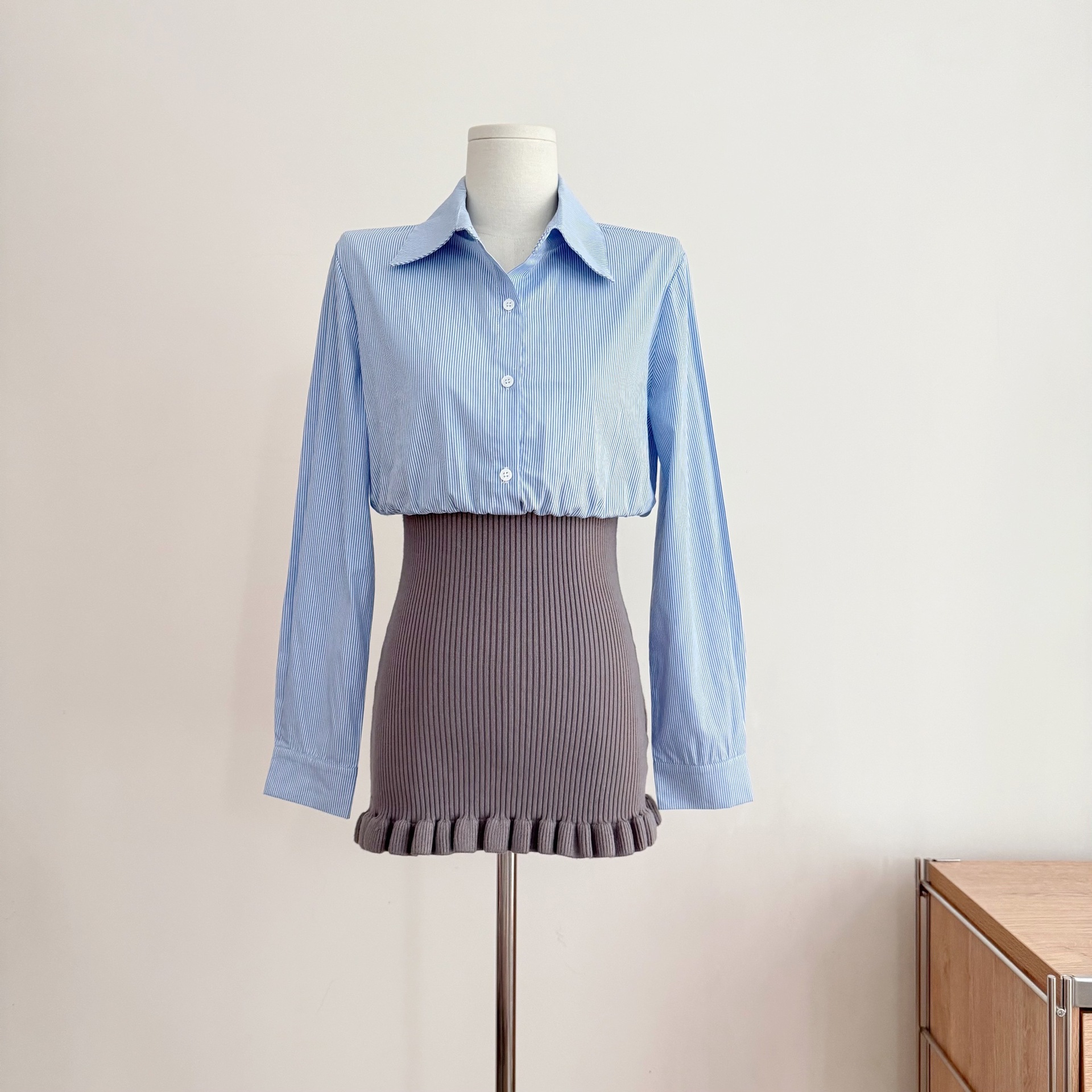 寺迈高智美学气质包臀边拼接设计感条纹连衣裙短裙套装学院风减龄