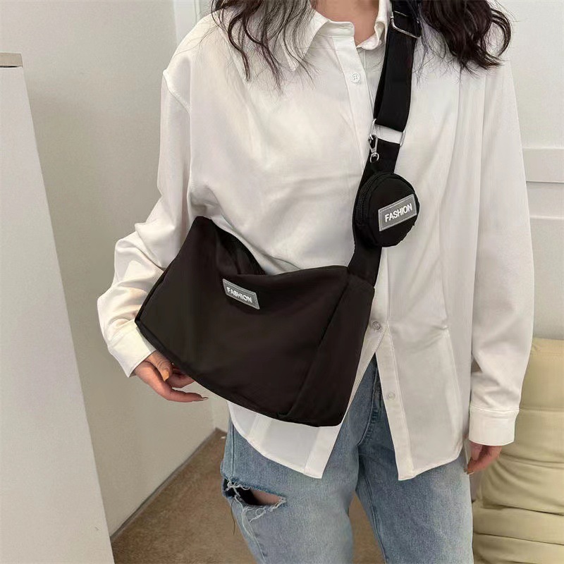 2023 New Crossbody Bag Student Bag for Class Female Ins Style Japanese Style Large Capacity Solid Color Bag Shoulder Bag