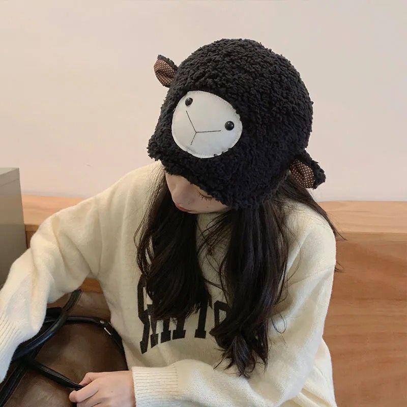 Winter Japanese Style Sweet and Cute Ears Little Sheep Hat Female Plush Thickened Warm Lamb Wool Sleeve Cap Tide