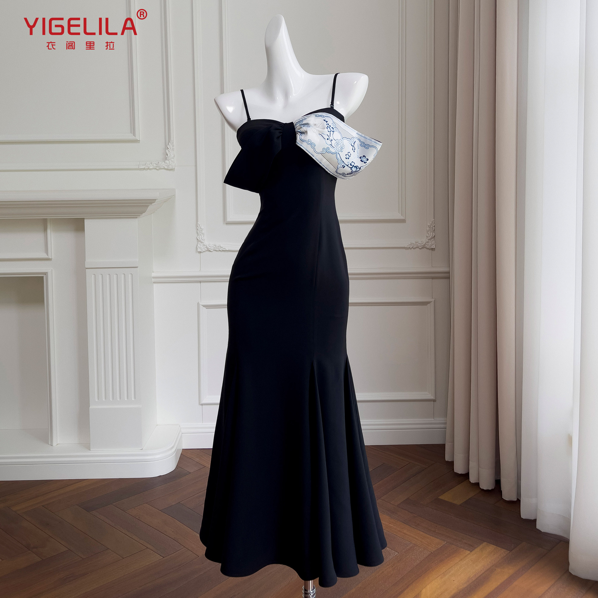 法式气质名媛风一字肩黑色连衣裙性感修身鱼尾吊带长裙礼服 68531