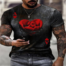 2023跨境 欧美夏季新款玫瑰图案男装时尚嘻哈涤纶短袖上衣3DT恤