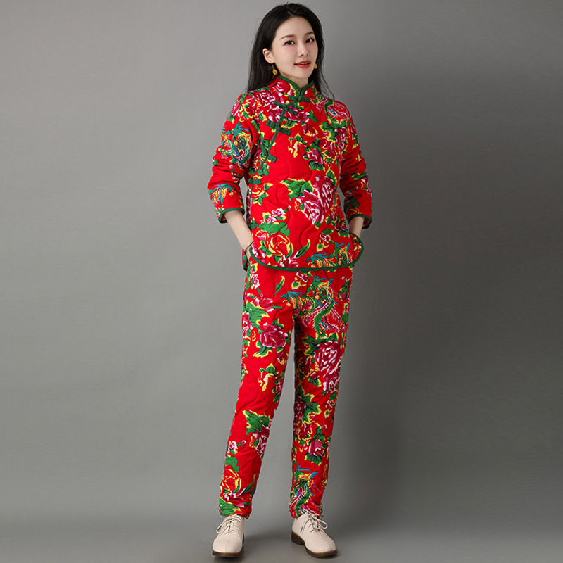 东北大花袄大棉袄女冬季东北花衣服外套夹民族风棉服棉衣棉裤套装