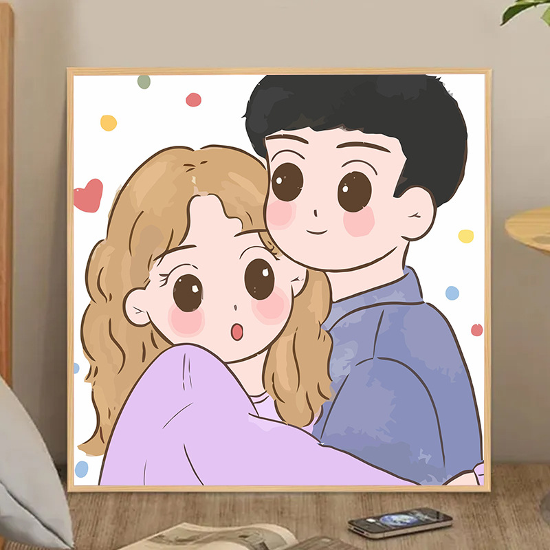 卡通情侣七夕礼物填充数字油画diy手绘丙烯油彩画手工装饰画挂画