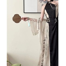 新中式国风古法旗袍改良年轻款黑色挂脖中长款连衣裙