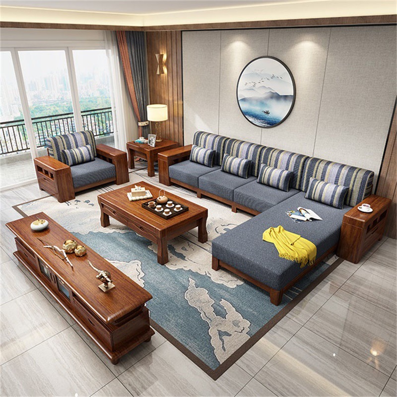 全实木沙发组合现代中式金丝柚木胡桃木色储物沙发大户型客厅家具