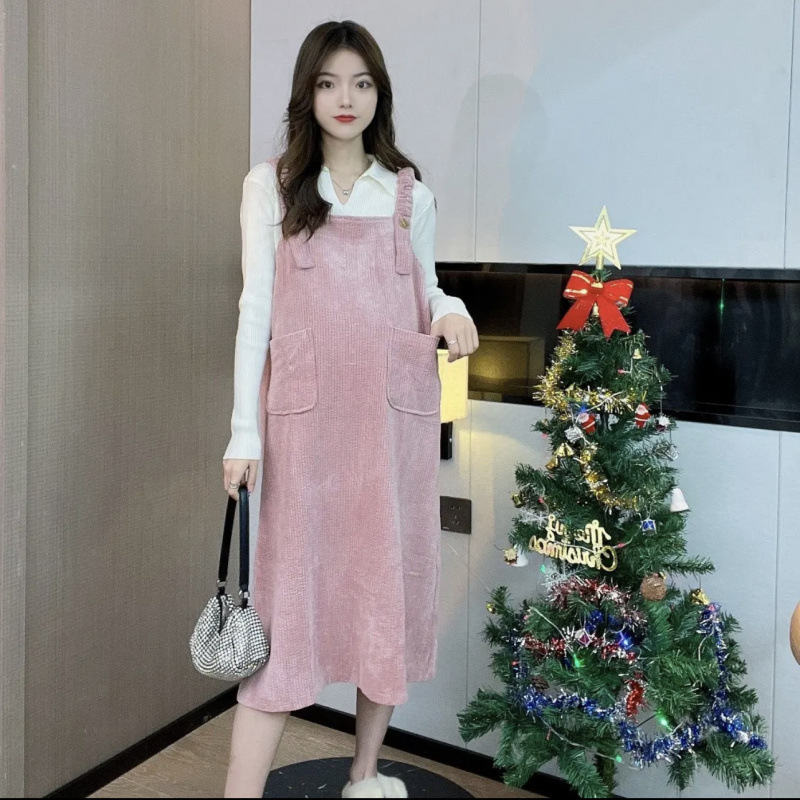 孕妇装实拍现货春季新款翻领打底衫背带裙甜美时尚孕妇两件套女